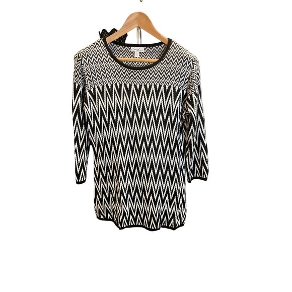 Kim Rogers. Black White Chevron Patterned Crew Neck Long Tunic Sweater Sz L - Picture 1 of 7